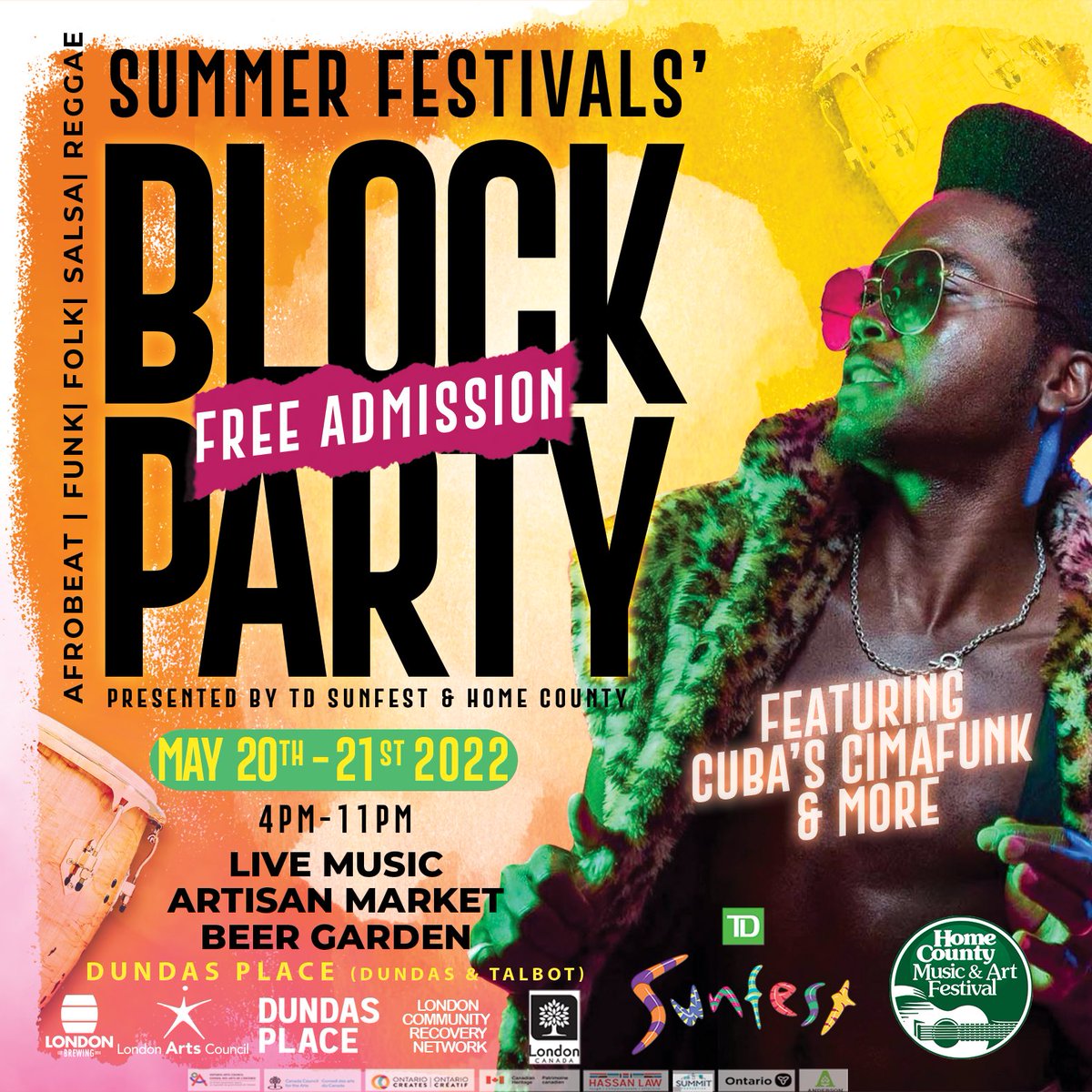 SunfestLDN's tweet photo. 🌞 TOMORROW! 🌞

Have you heard? 

@HomeCountyFest  &amp; #TDSunfest have joined forces to bring you the first FREE-admission Summer Festivals’ #BlockParty with an incredible 2-day lineup, taking over Dundas Place May 20-21!

Who’s coming??

#supportallartists #musicisessential https://t.co/Ev8eM5oNHJ