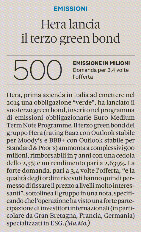 🗞️ Sul <a href="/sole24ore/">IlSole24ORE</a> il lancio del terzo green bond del #GruppoHera da 500 mln€ che si inserisce nel programma di emissioni obbligazionarie Euro Medium TermNote Programme 👇