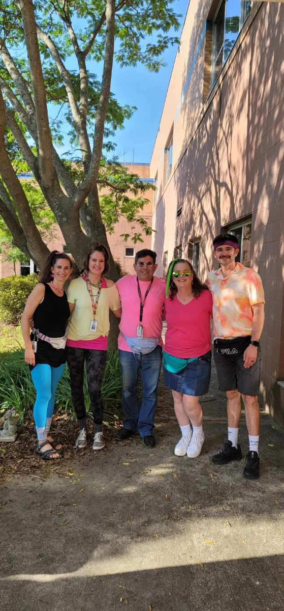 LibraryMedia65's tweet photo. Throwback Thursday &amp; Twin Day Specialist Team Quintuplets are throwing back to the 80’s #EOGSpiritWeek @JeffreysGroveES @jgmespta @wcpssmagnets https://t.co/5vwhrVlTuK