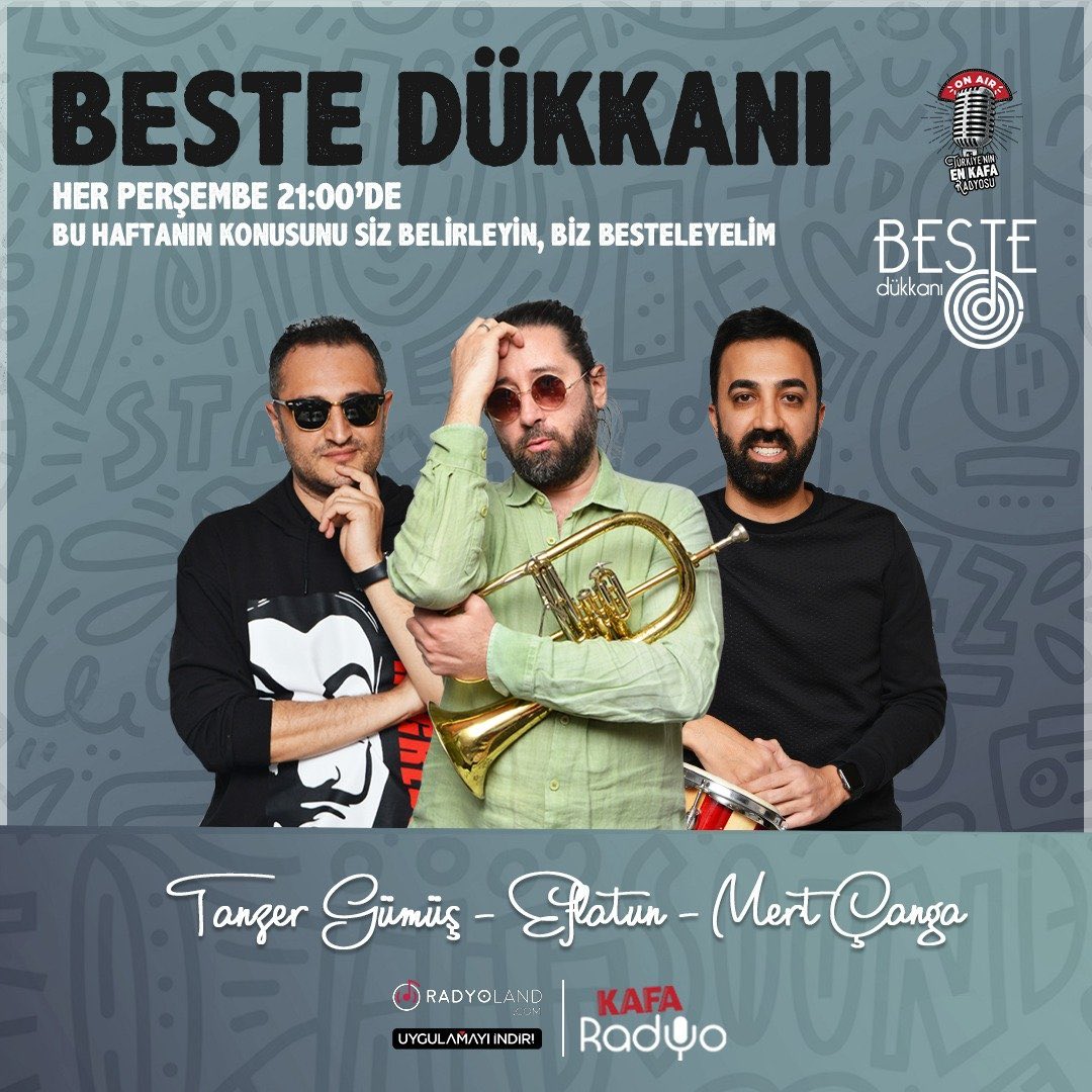 Beste Dükkanı her perşembe 21:00’de Kafa Radyo’da. 📻

• Bu haftanın konusunu sen belirle, Twitter üzerinden #BesteDükkanı hastagiyle <a href="/bestedukkani/">Beste Dükkanı</a> hesabını etiketleyip şarkı sözünü yaz, canlı yayında bestelensin. 🎤 🎼

#KafaRadyo <a href="/tanzergumus/">ömerg</a> <a href="/Efla_tun/">Eflatun Official</a> <a href="/MertCanga/">Mert Çanga</a>