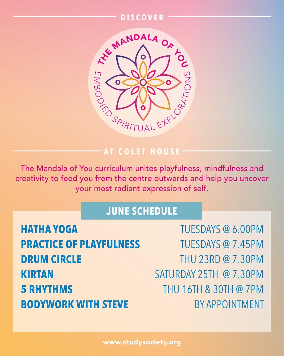 TheStudySociety's tweet photo. Stop scrolling, we have you covered! 
Join us this June at Colet House, to discover our classes and workshops for you Body, #mind &amp; #soul! And remember: "The most important relationship is the one you have with yourself."
-
-
-
#selfdiscovery #hathayoga #yogalondon #londonyoga https://t.co/OM27Q43lAS