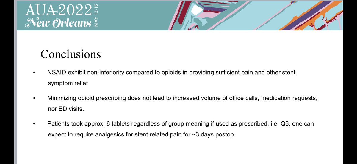 Absolute pleasure sharing our RCT at #AUA22 last weekend. Our results indicate NSAID can provide equivalent pain relief compared to opiods following URS for stone disease <a href="/MantuGuptaMD/">Mantu Gupta, M.D.</a>