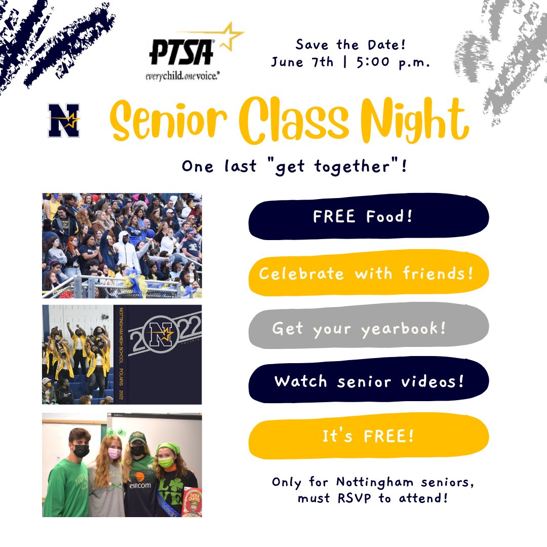 NHSVideo's tweet image. RSVP for Senior Class Night 2022 on June 7th from 5:00 - 6:30 p.m.! All Northstar seniors are invited to attend this FREE event, but you must reserve a spot by May 29th. Go to the Class of 2022 Google Classroom for more details. @HTSD_Nottingham  @NottinghamPTSA @dawn