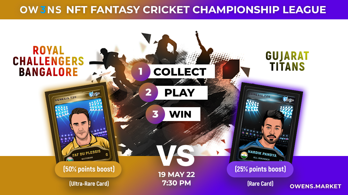 OWENS NFT (@owens_nft) on Twitter photo #RCB is squaring off against #GT today. This is their 2nd game against each other. In the previous #RCBvsGT game, #GT beat #RCB won by 6 wickets. Can #RCB even the score against #GT today? Or will #GT add 1 more win to its tally? 
Pick Your MVP: owens.market/mvp #RCB is squaring off against #GT today. This is their 2nd game against each other. In the previous #RCBvsGT game, #GT beat #RCB won by 6 wickets. Can #RCB even the score against #GT today? Or will #GT add 1 more win to its tally? 
Pick Your MVP: owens.market/mvp