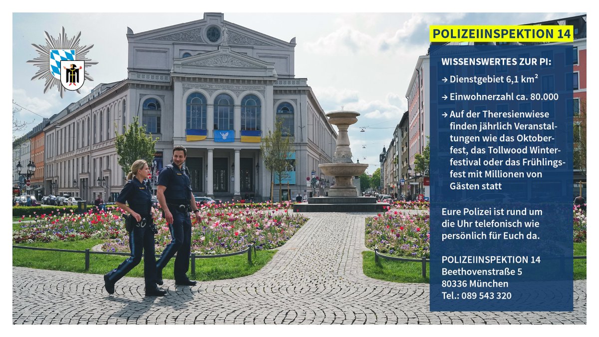 Zu sehen sind eine Kollegin und ein Kollege der PI 14 in Uniform am Gärtnerplatz. 