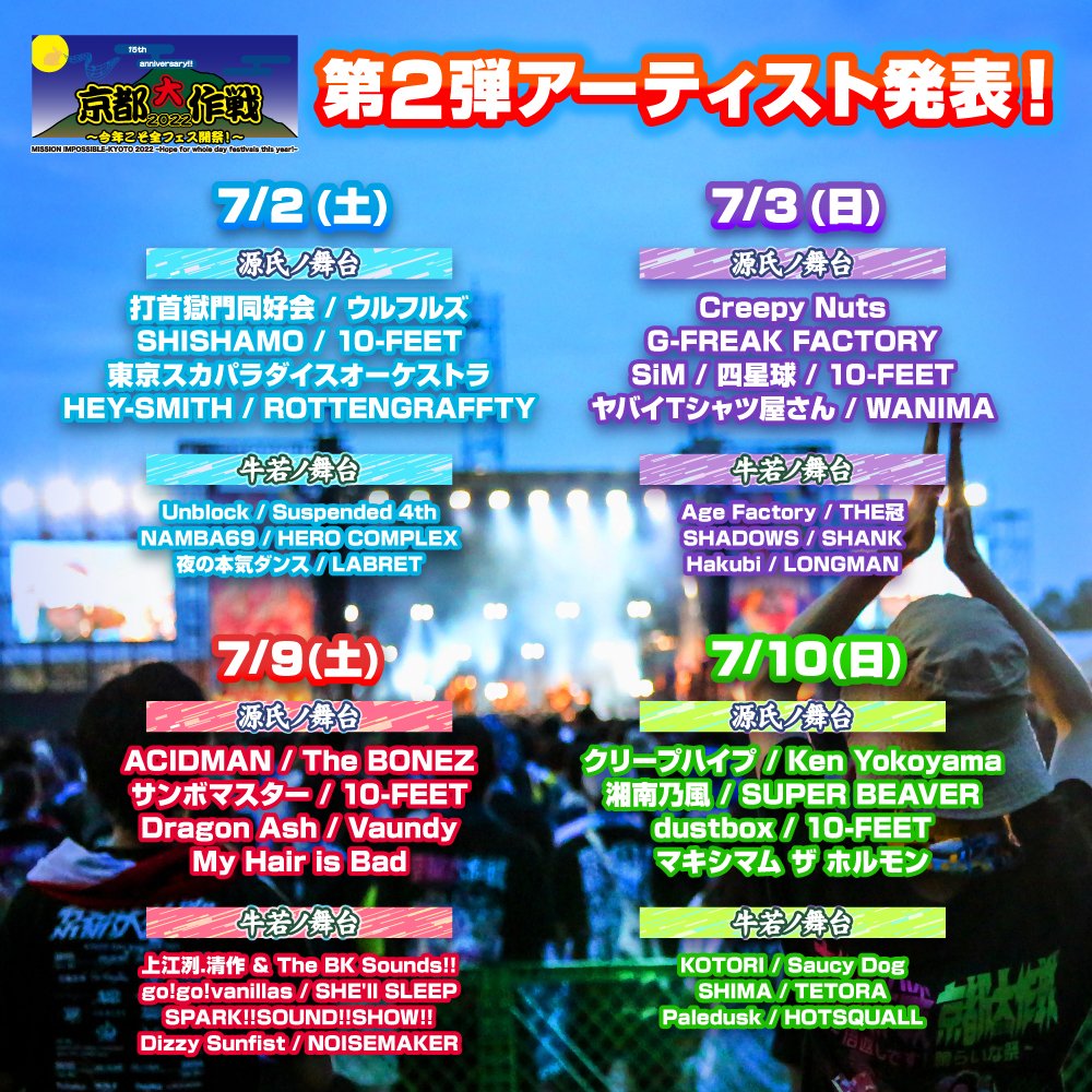 mi_ta_so's tweet photo. ☆トップバッター★トリ前
7/2　☆打首★HEY-SMITH
7/3　☆Ｇ-FREAK FACTORY★WANIMA
7/9　☆The BONEZ★Dragon Ash
7/10  ☆SUPER BEAVER★Ken Yokoyama

当たる気がしない🥺泣
けど楽しみすぎるー❤
#京都大作戦進行表 https://t.co/Xd99JgZDxU