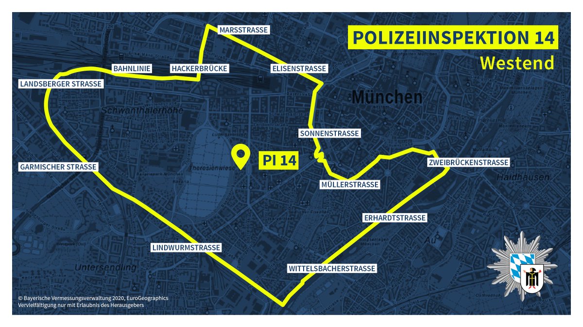 Zu sehen ist das Dienstgebiet der PI 14, welches vom Westend bis hin zur Wittelsbacherstraße zur Zweibrückenstraße führt. Im Norden geht es bis zur Marsstraße. 
