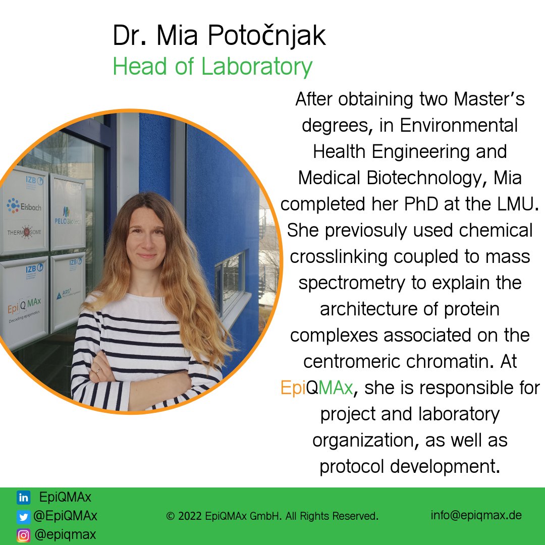 Meet Dr. Mia Potočnjak, our new lab head. She is excited to be part of the team to "apply mass spectrometry and epigenetics in health promotion and as a tool in disease diagnostics and therapy."