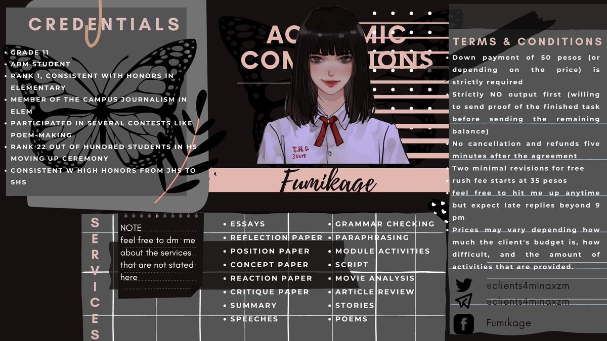 clients4minaxzm's tweet image. สวัสดี commstwt! Fumikage is here to cater all acad needs for elem to shs (can serve college students as well) and will assure high quality outputs at all times. 

♡ feedbacks and proofs of legitimacy:
#minaxzmislegit