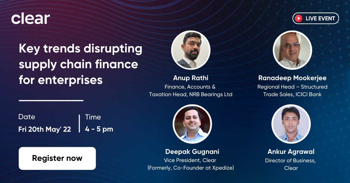 xpedize's tweet photo. Live #Webinar: Join us as we host a panel discussion on key trends disrupting the Indian #supplychainfinance ecosystem. We would also explore how #FinTechs have dented this space with products like #invoicediscounting.

Click here to register: https://t.co/AiEJUUPTKs
@ClearfromCT https://t.co/pAKHFgHSdz