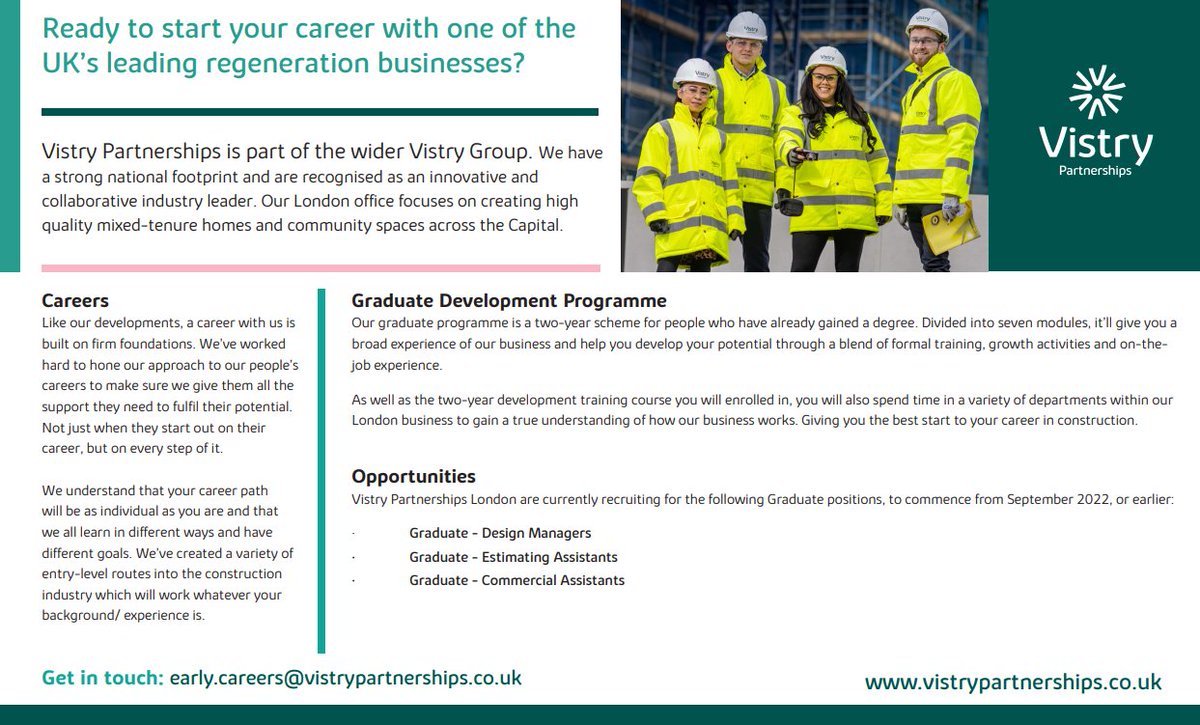 Looking to start your career in regeneration? Our partners @teamvistryp have some fantastic graduate opportunities on offer- a fantastic chance to join the team working on our Meridian One project! See below for more details and how to apply 👇 #graduatejobs #jobsandskills