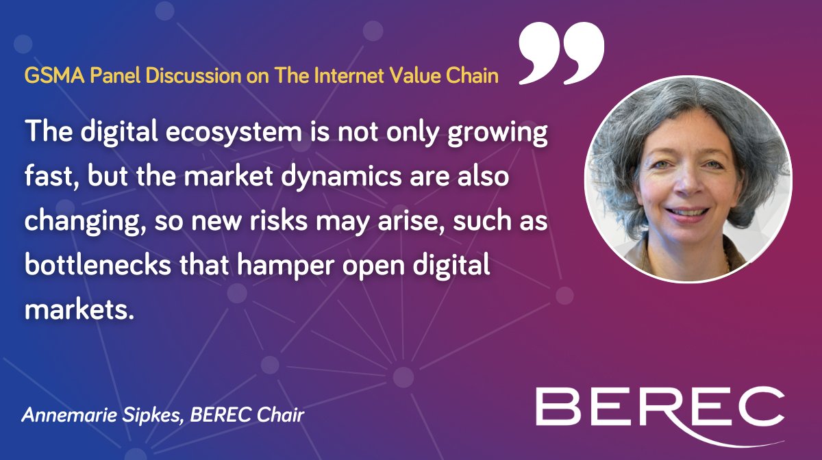 BERECeuropaeu's tweet photo. During the panel discussion organized by @GSMA, the @BERECeuropaeu Chair Annemarie Sipkes (@AutoriteitCM), underlined the regulatory challenges for the #InternetValueChain.
#telecoms #telecommunications #EmpoweringEUconnectivity https://t.co/KdxiOzC1Nt