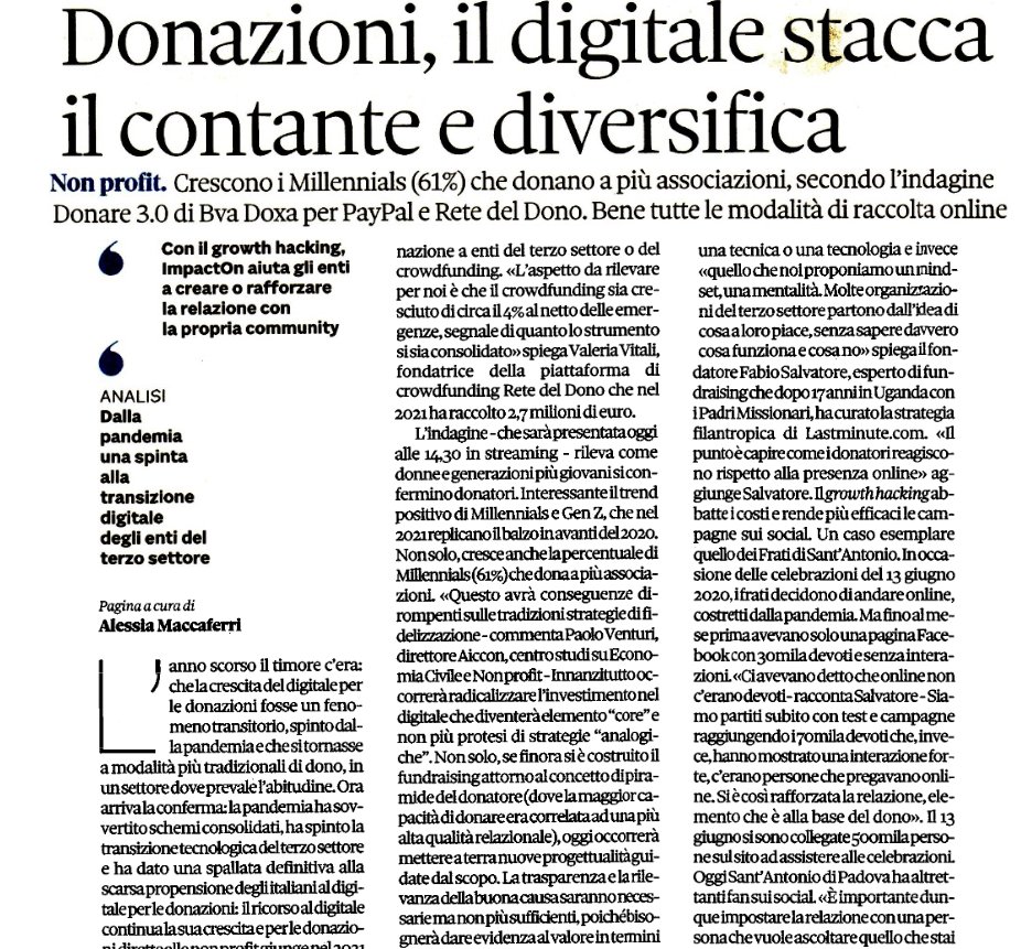 #nonprofit Crescono i #Millennials che donano a più associazioni.

🗞️Sempre più italiani scelgono il #digitale per fare donazioni. Indagine <a href="/doxa_research/">BVA Doxa</a> su <a href="/sole24ore/">IlSole24ORE</a> 

#fundraising #crowdfunding #GrowthHacking <a href="/PayPal_Italia/">PayPal_Italia</a> <a href="/Retedeldono/">Rete del Dono</a> <a href="/AICCONnonprofit/">AICCON Research Center</a> @AISM_onlus