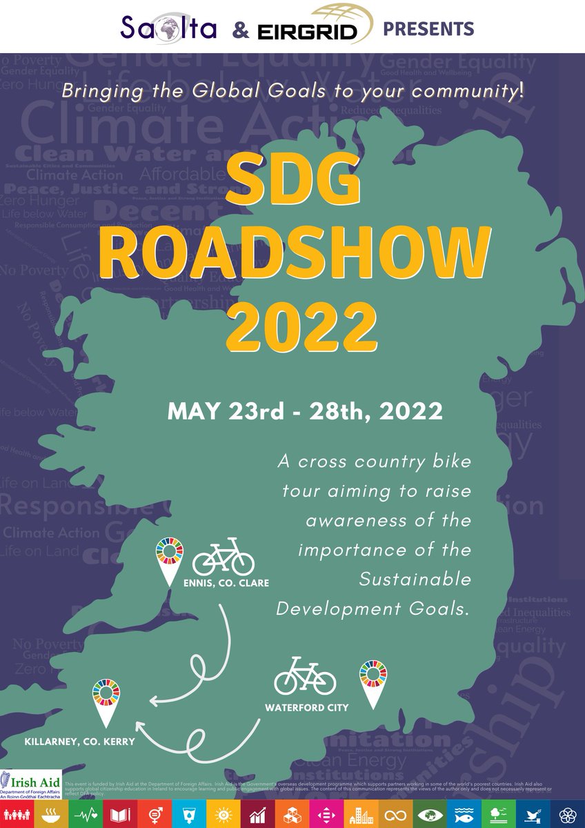 The #SDGRoadshow2022 will take place this year from May 23rd to 28th and will be supported by
@IrishAid, @Coalition2030IR and @EirGrid

Keep up to date with the tour using #SDGRoadshow2022 

#Saolta #AdultEd #NationalBikeWeek