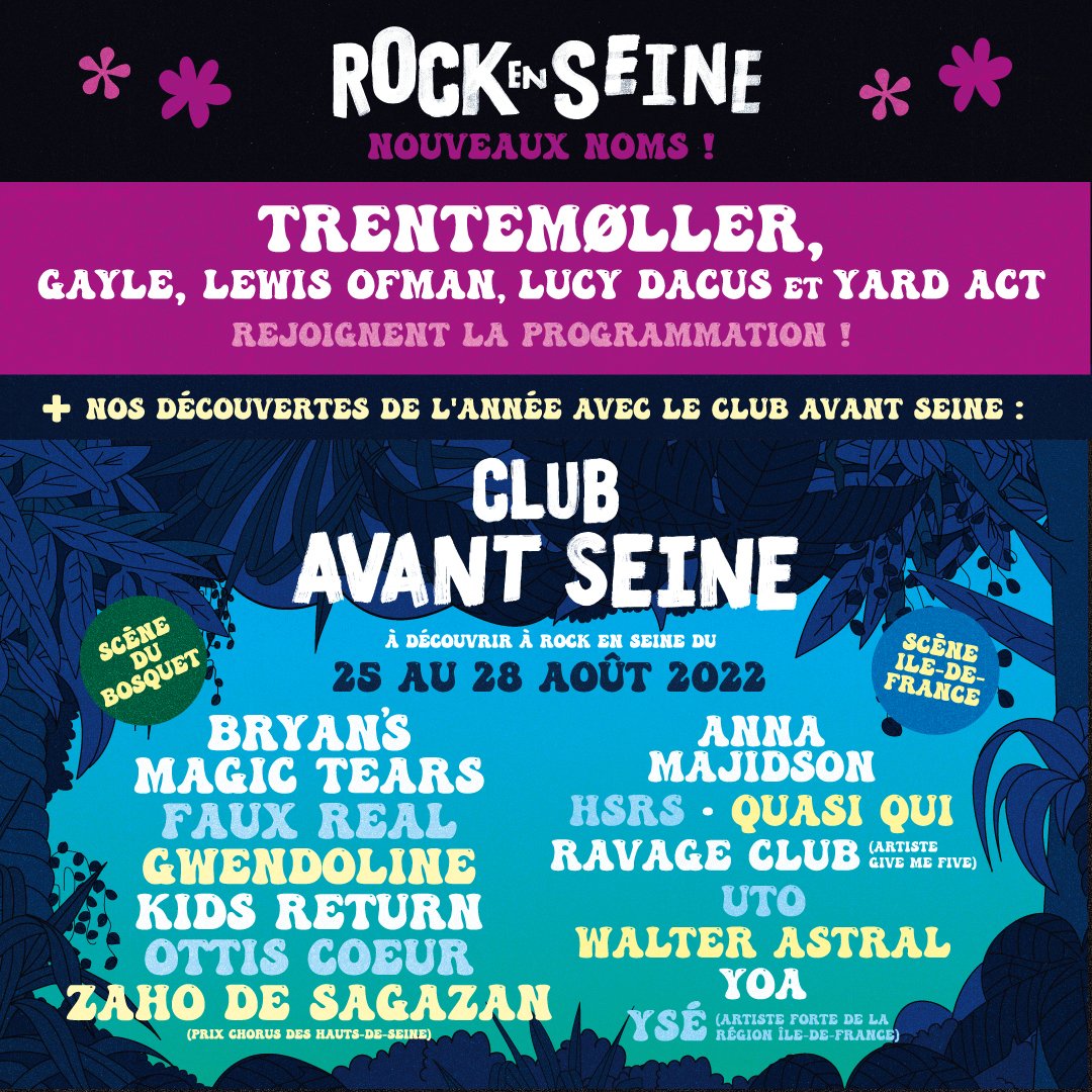 SUPER! (@supermonamour) on Twitter photo ✨ De nouveaux noms rejoignent la programmation de <a href="/rockenseine/">Rock en Seine 🪲</a> ✨
Retrouvez cet été <a href="/lucydacus/">Lucy Dacus</a> , <a href="/YardActBand/">Yard Act</a> , Faux Real ainsi que <a href="/ottiscoeur/">Ottis Cœur</a> ! ✨ De nouveaux noms rejoignent la programmation de <a href="/rockenseine/">Rock en Seine 🪲</a> ✨
Retrouvez cet été <a href="/lucydacus/">Lucy Dacus</a> , <a href="/YardActBand/">Yard Act</a> , Faux Real ainsi que <a href="/ottiscoeur/">Ottis Cœur</a> !