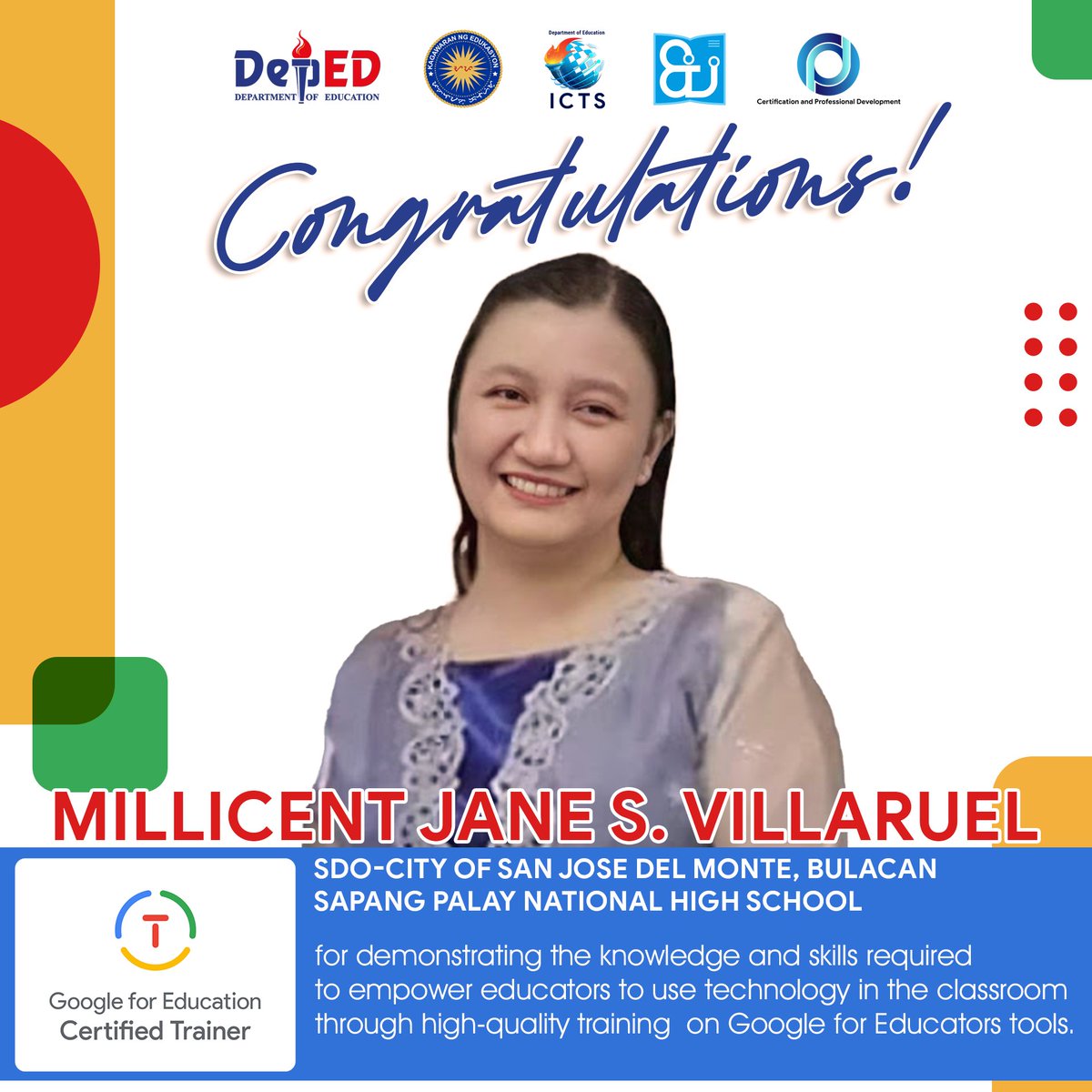 DepEdEdTechUnit's tweet photo. The OUA , through the ICTS-EdTech Unit, would like to congratulate the new brood of Google Certified Trainers (GCTs) coming from the different parts of the Philippines! Thunderous applause and many felicitations are what you all much deserved. (2) https://t.co/7pLMimqzvD