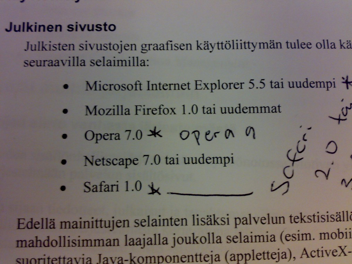 virlander's tweet photo. Typical web browser requirements back in the day... #tbt #safari1 #IE5 #opera7 #netscape7 #webdeveloper #webdev #verkkopalvelut #verkkosivustot @valve_fi @vierityspalkki https://t.co/66BbT3JF9A