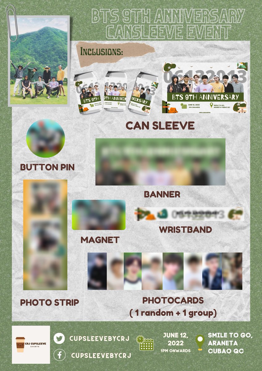 cupsleevebycrj's tweet photo. hi ARMYs! here's a sneak peek of our cansleeve kit, you can still register by signing up through this link: https://t.co/29elbDMwEK we also have lots of giveaways and freebies so make sure to register and join us celebrate BTS 9th anniversary and comeback! 🥳

t. cupsleeve bts https://t.co/R0Jl9YWBr1