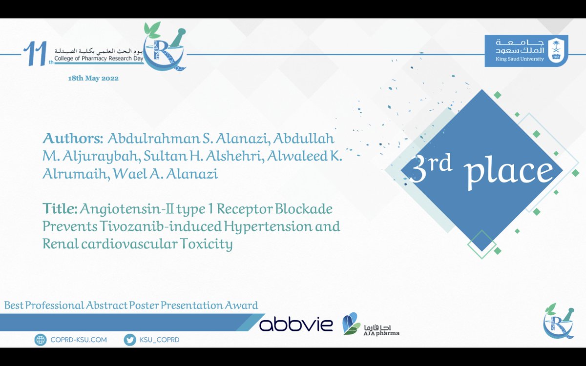 KSU_COPRD's tweet photo. الحاصل على المركز الثاني والثالث بجائزة:
Best Professional Poster Presentation Award🏆

#COPRD_11 https://t.co/1p4AaH2TlK