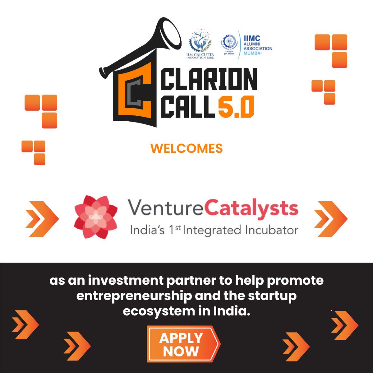 We are delighted to welcome <a href="/vcatsindia/">Venture Catalysts++</a> as our investment partner for Clarion Call 5.0. 
We look forward to an exciting journey to promote entrepreneurship in the start-up ecosystem in India.
. 
Last Date to register 20th May 
bit.ly/Clarion-Call 
#ClarionCall5 
<a href="/ficci_india/">FICCI</a>