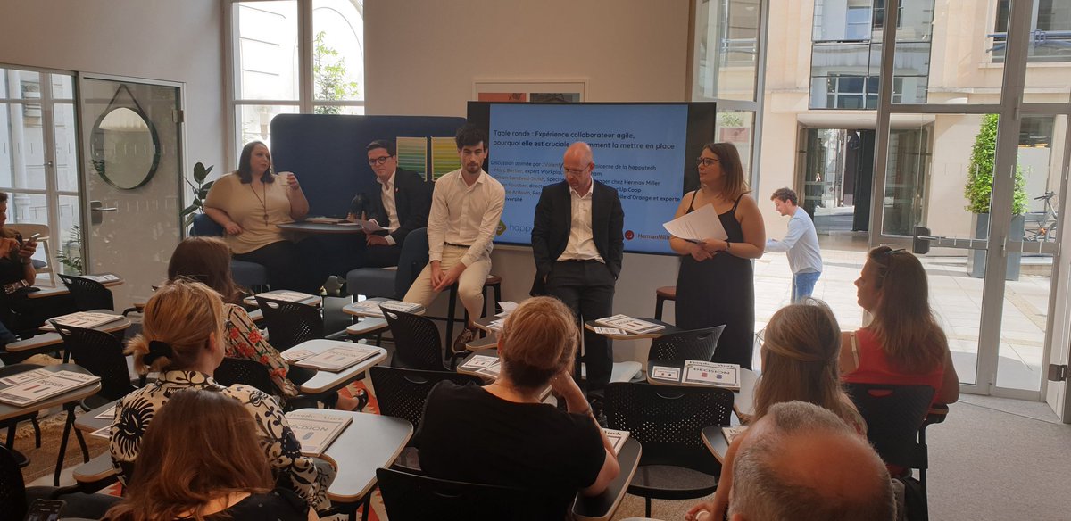 Artify_fr's tweet photo. [HappyTech Summit 2022] 
Place à la 1ère table ronde sur l'expérience collaborateurs agile avec @Groupe_Kardham @UpCoop
@HermanMiller @HappyTechFrance

#QVT #tech #innovation #happytech https://t.co/9jBcENv0IO