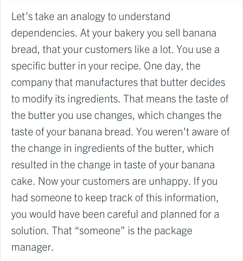 HalasTechWorld's tweet photo. @izaye_visuals This was the one I read yesterday. It's easy to grasp but it also could have been explained with: "Dependencies are created by someone else &amp; could be updated by that 3rd party at any time, which is why you need package managers to automatically stay up to date &amp; avoid issues".😂 https://t.co/ok16I0U7mj