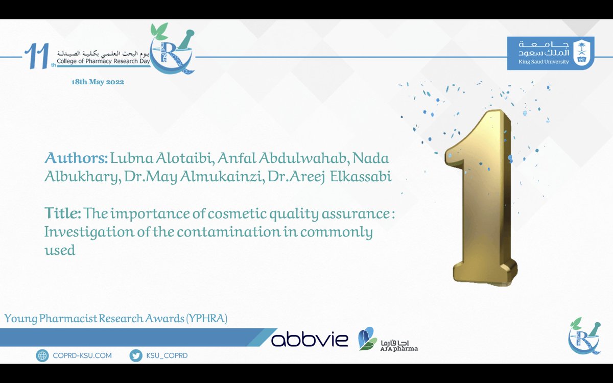 KSU_COPRD's tweet photo. الحاصل على المركز الأول بمسابقة:
Young Pharmacist Research Awards (YPHRA)🥇

#COPRD_11 https://t.co/kgjvv8xOY7