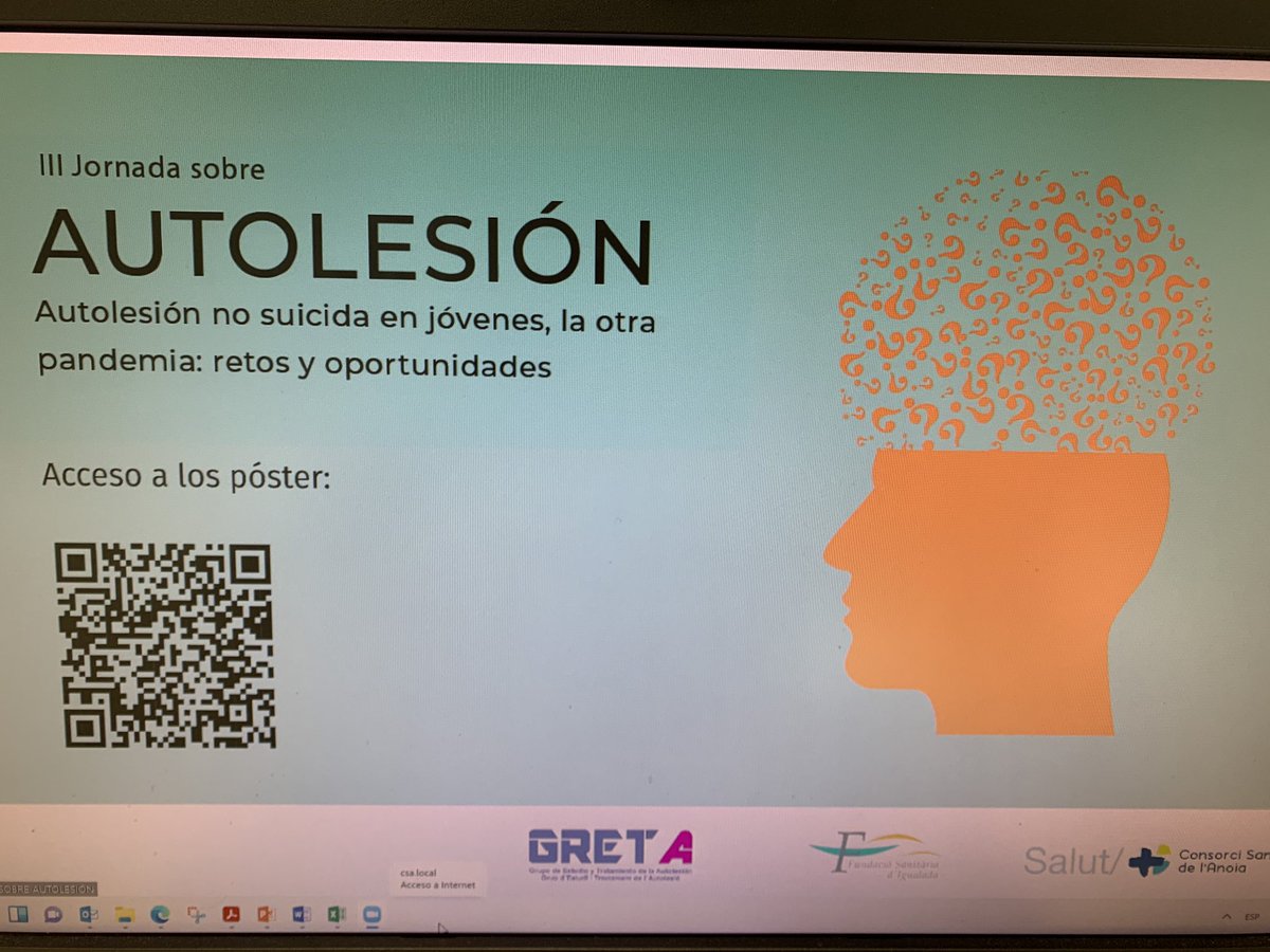 joanmcarbonell's tweet photo. Enrique Baca de Fundación Jiménez Díaz @Hospital_FJD en la #JornadaAutolesion22. Intervención en conductas autolesivas. Casi trescientas personas siguiendo el evento. En @Hospitaligd @CsaSalut @GRETAautolesion https://t.co/i6kAI1dZvY