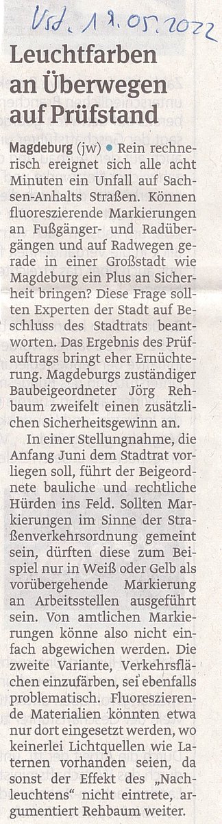 Wieso macht Hr. Rehbaum aus allem ein Problem? Fluoreszierende Markierung ist farbunhängig, kann also weiß/gelb sein. Hat sich z.B. in Duisb. bewährt. Wäre toll, zur Abwechslung für Sicherheit Radfahrender nach einer Lösung zu suchen statt in den Abwehrmodus zu schalten! #srmd