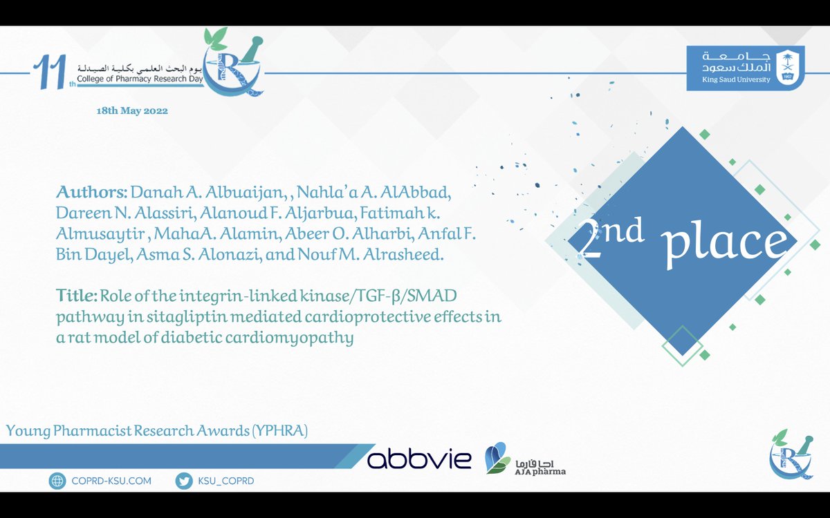 KSU_COPRD's tweet photo. الحاصل على المركز الثاني والثالث بمسابقة:
Young Pharmacist Research Awards (YPHRA)🏆

#COPRD_11 https://t.co/uPjecjAEJE