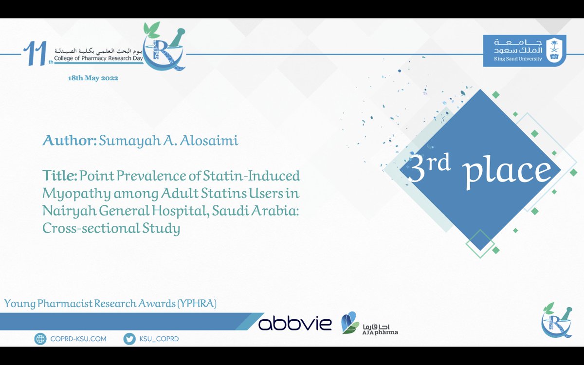 KSU_COPRD's tweet photo. الحاصل على المركز الثاني والثالث بمسابقة:
Young Pharmacist Research Awards (YPHRA)🏆

#COPRD_11 https://t.co/uPjecjAEJE