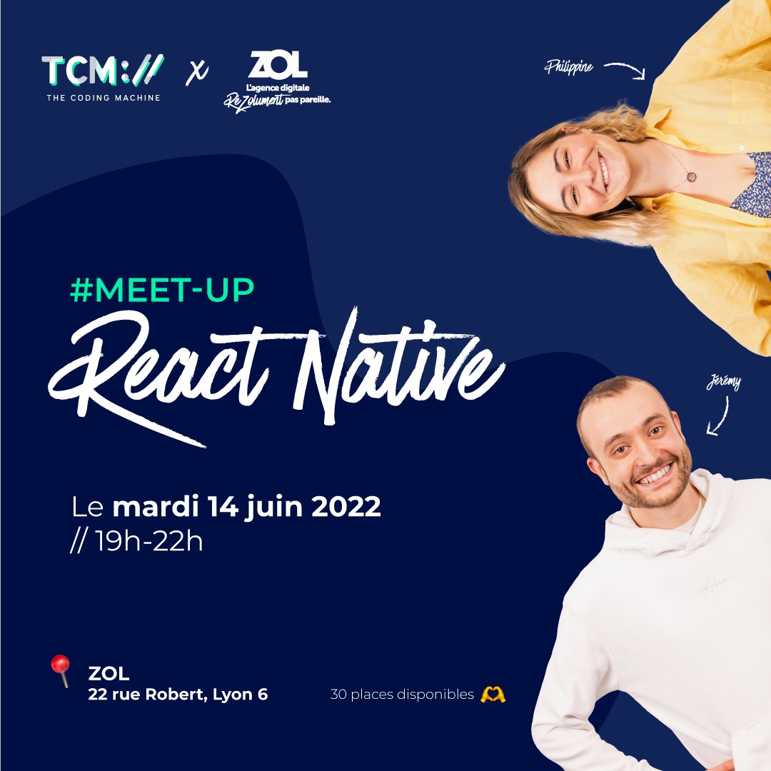 ZOL_Web's tweet photo. [MEET-UP React Native]
Les inscriptions sont ouvertes pour le #meetup dédié à #reactnative 🤗

RDV le 14 juin à 19H chez ZOL pour assister aux talks de Philippine CLUNIAT, lead tech mobile chez ZOL et Jérémy Dollé, chef de projet technique chez @coding_machine

30 places ! https://t.co/zFsrohKbTl