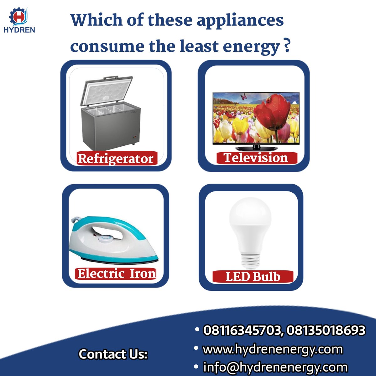 We use different appliances in our homes. Tell us in the comment box, which of these consume the least energy? 

#solar #solarpower #solarenergy #solartechnology #appliances #saveenergy #renewableneergy