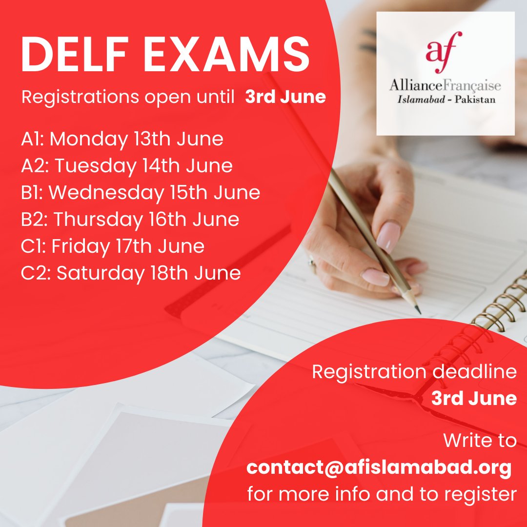 Afisb_official's tweet photo. 📢 REGISTRATIONS OPEN!
Our next #DELF session will take place in #Islamabad in June. Don't miss this opportunity to get a #languagecertificate which is recognized around the🌏!
#french #learnfrench #Exams #AFI #alliancefrançaise
@valekhan @FranceinPak @CampusPakistan https://t.co/DGSaDsQdV9
