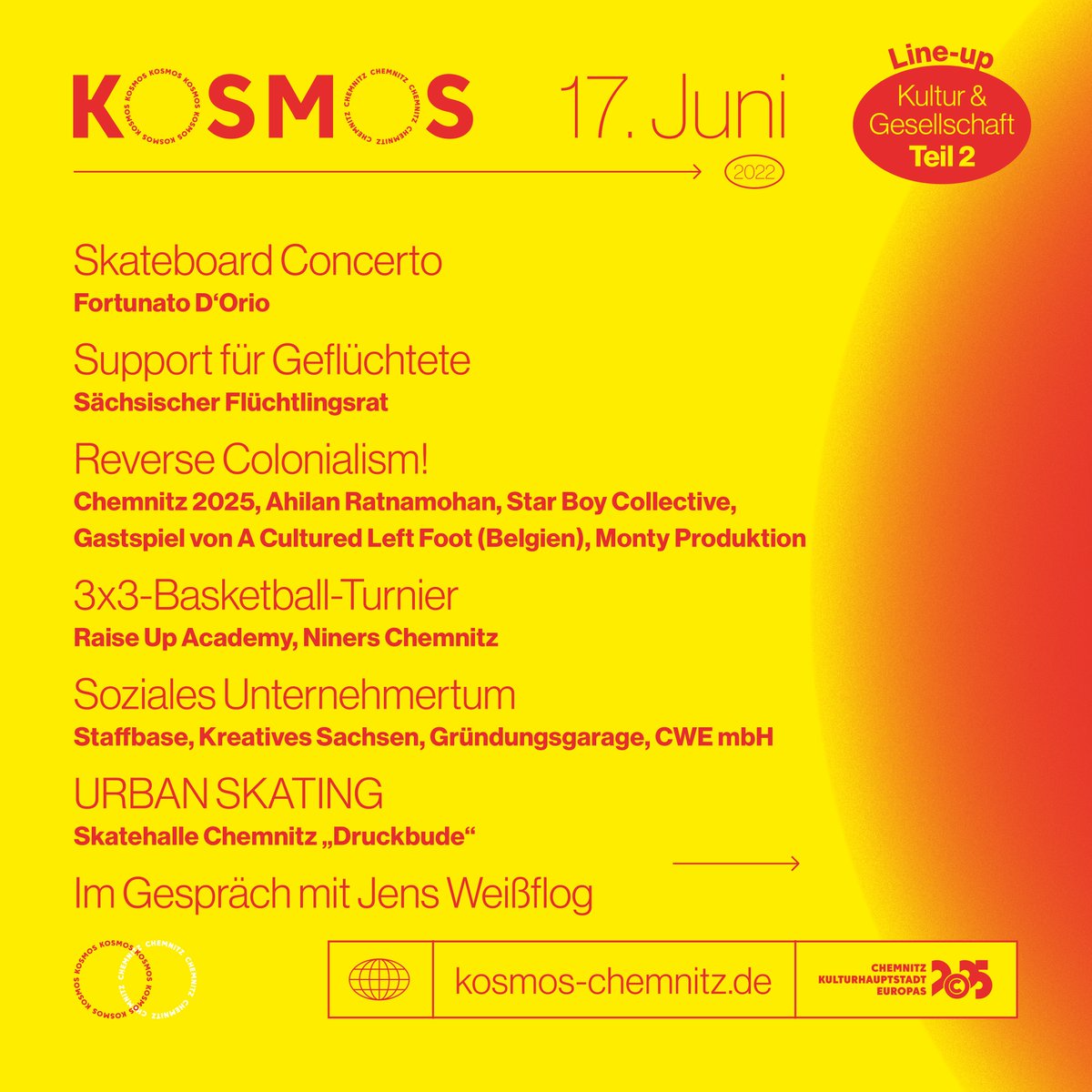 kosmoschemnitz's tweet photo. Willkommen auf dem #kosmoschemnitz! Mit dieser zweiten Programmwelle wächst der 17. Juni auf 35 bereits jetzt bestätigte Musik-Acts, 70 weitere Programmpunkte, über 100 aktiv beteiligte Initiativen, Vereine und Unternehmen! 🥰

Weitere Infos auf https://t.co/Oh1PiH4KYL https://t.co/6bwuaoi4sF