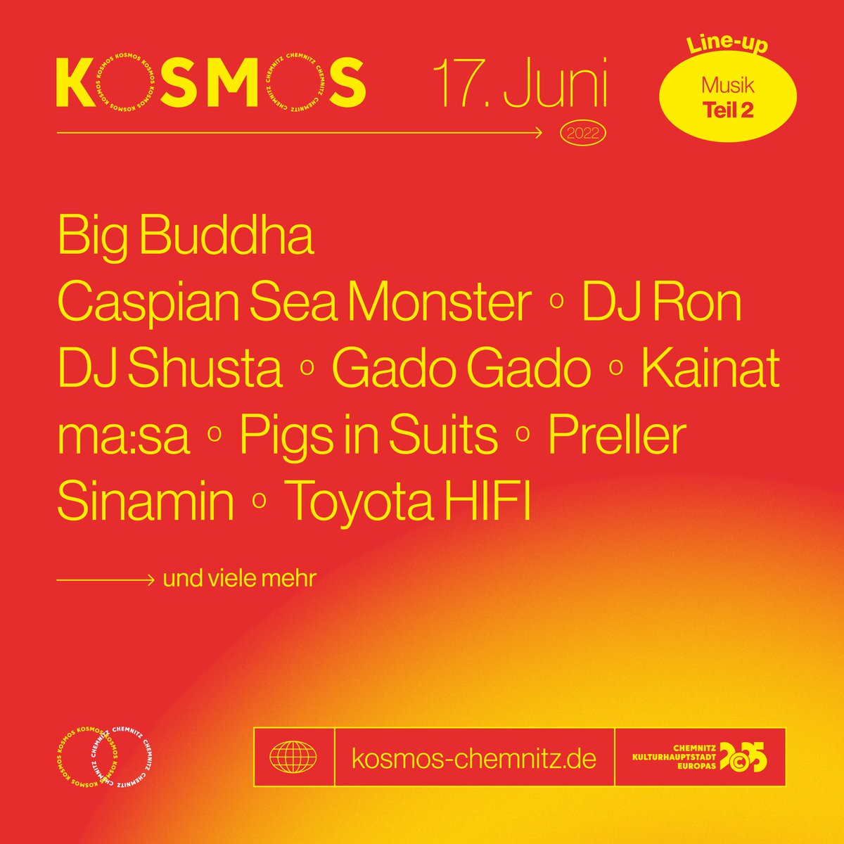 kosmoschemnitz's tweet photo. Willkommen auf dem #kosmoschemnitz! Mit dieser zweiten Programmwelle wächst der 17. Juni auf 35 bereits jetzt bestätigte Musik-Acts, 70 weitere Programmpunkte, über 100 aktiv beteiligte Initiativen, Vereine und Unternehmen! 🥰

Weitere Infos auf https://t.co/Oh1PiH4KYL https://t.co/6bwuaoi4sF