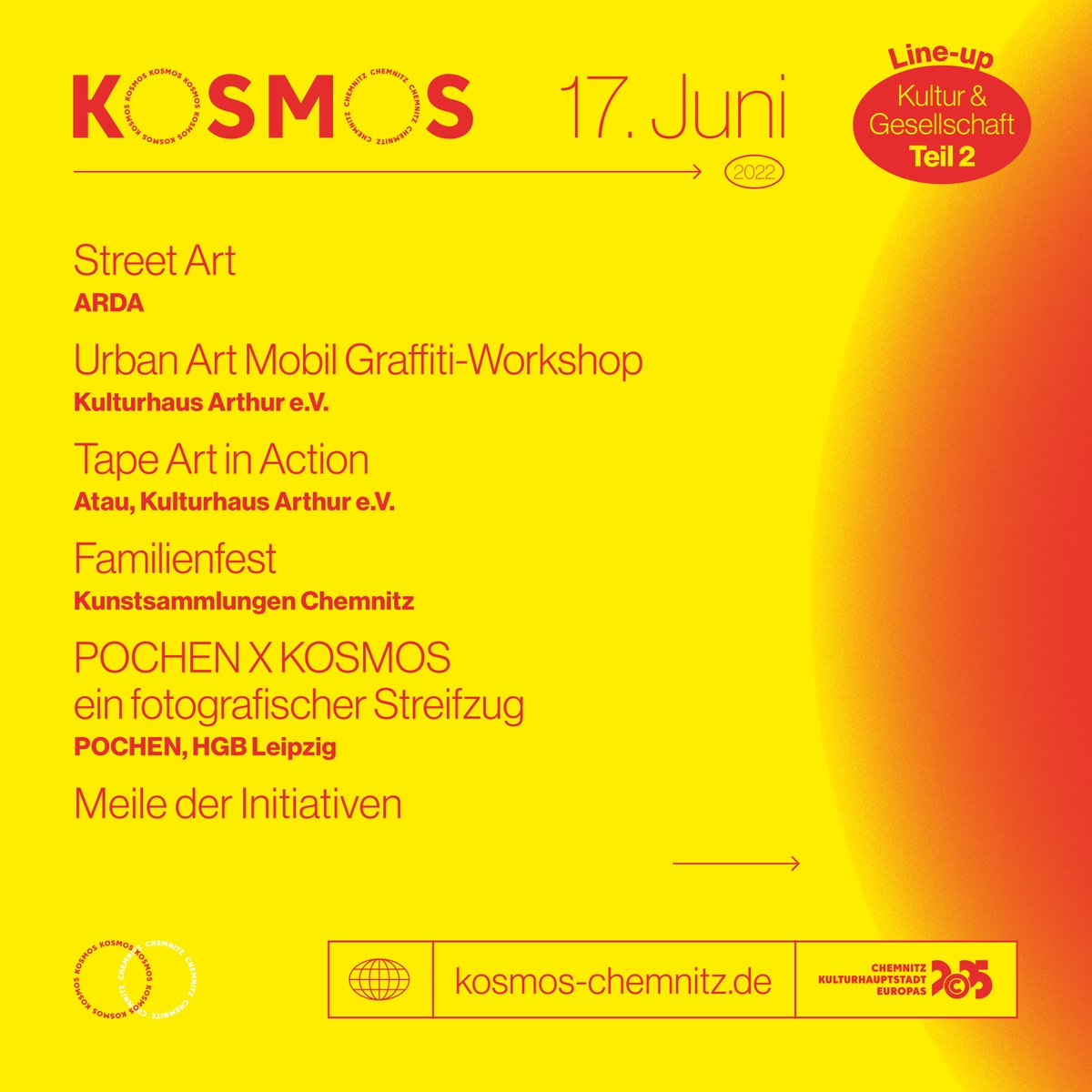 kosmoschemnitz's tweet photo. Willkommen auf dem #kosmoschemnitz! Mit dieser zweiten Programmwelle wächst der 17. Juni auf 35 bereits jetzt bestätigte Musik-Acts, 70 weitere Programmpunkte, über 100 aktiv beteiligte Initiativen, Vereine und Unternehmen! 🥰

Weitere Infos auf https://t.co/Oh1PiH4KYL https://t.co/6bwuaoi4sF
