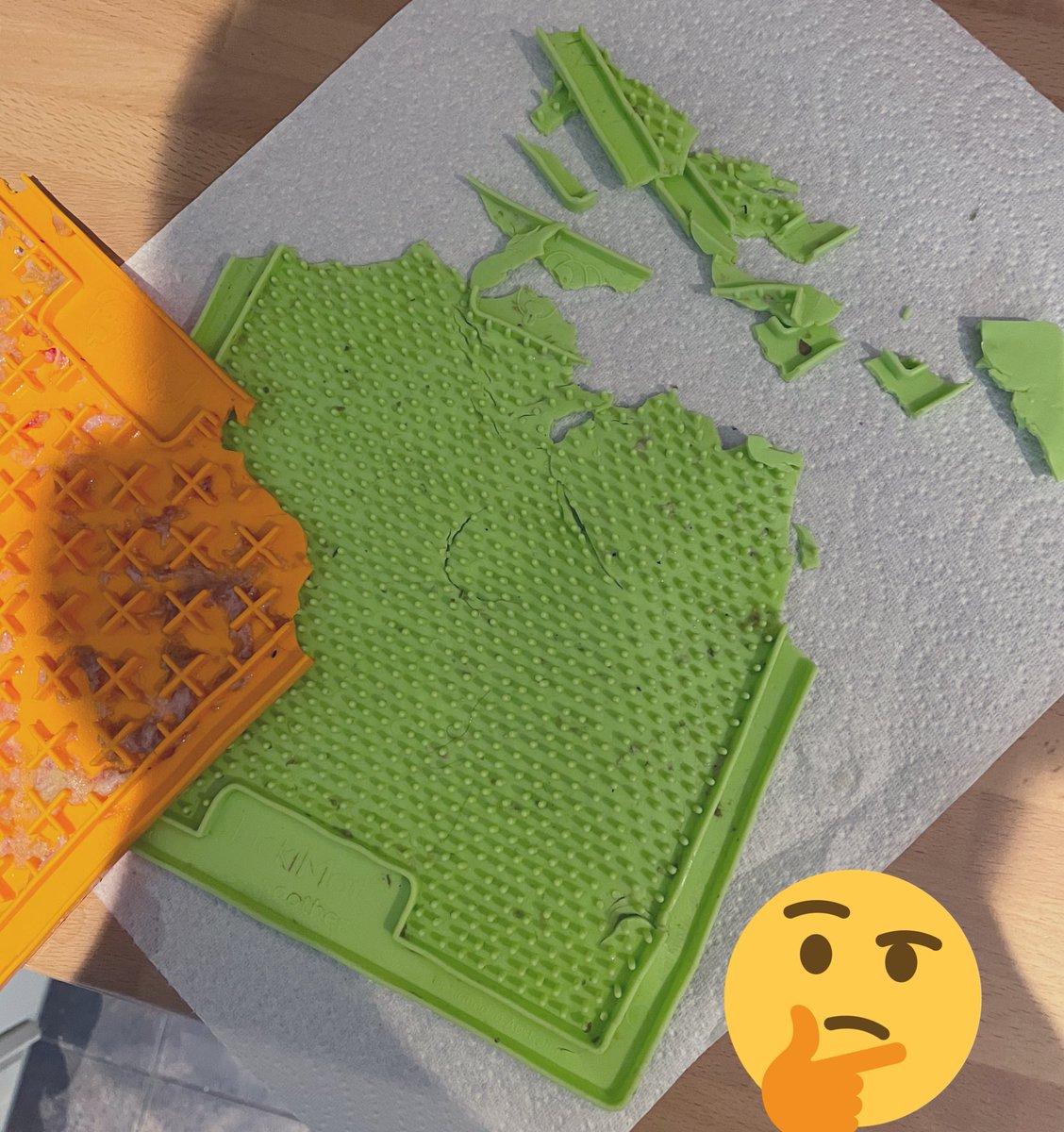 paultayls's tweet photo. Dog 2 @lickimat 1.  
The outcome after just 5mins 😲
The mats seem to be more tasty than the dog friendly peanut butter. 

The concerning thing is that I can't find some pieces. 
Were the mats safety tested? if so was the safety test conducted using a dog? https://t.co/7HqZs5Rzz9