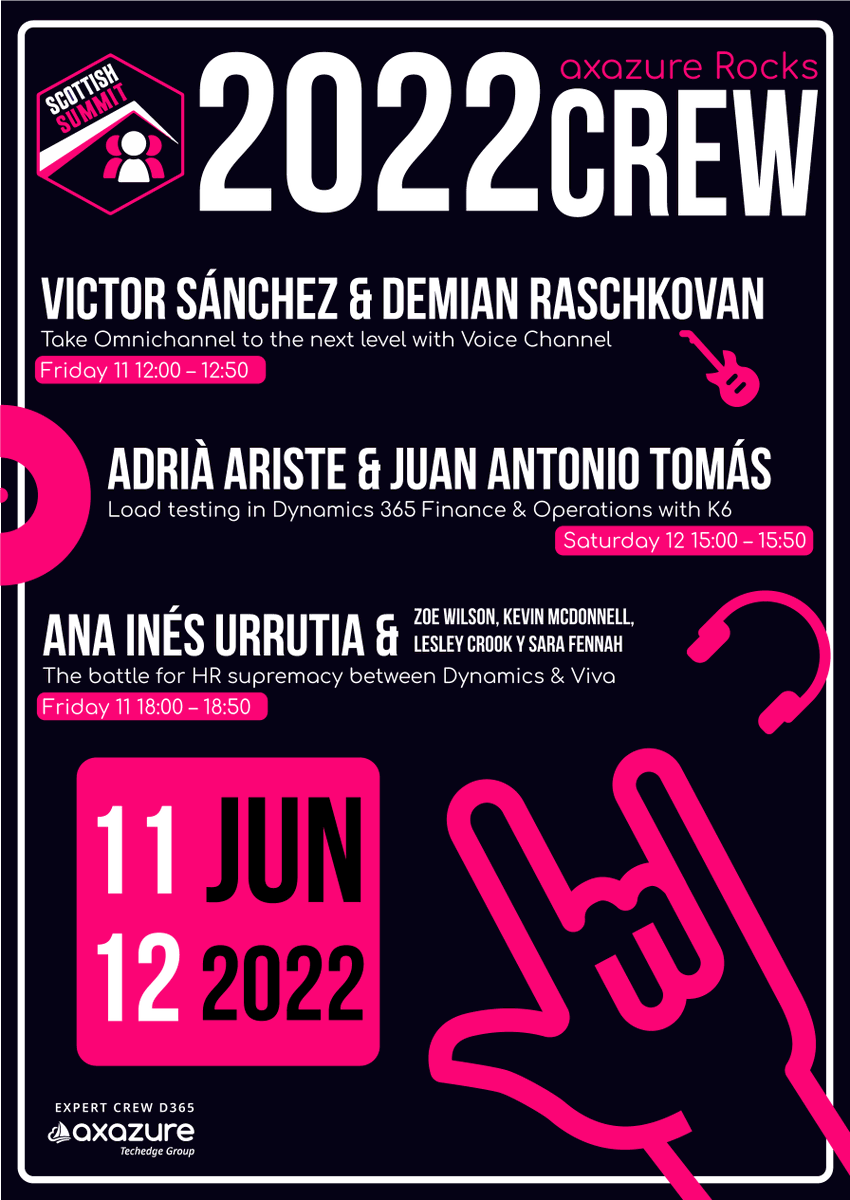 AXAZURE's tweet photo. ¿Preparados para el @scottishsummit 2022? 🎸
Nuestro #expertCrew :
@victorsolaya y @demian_rasko nos hablarán de Omnicanalidad
@adria_ariste y @juanan169 harán pruebas de carga en #D365FnO
y @AnaInesUrrutia pondrá a prueba a #D365HR.
#axazureRocks esta vez desde Escocia 🤘🏻 https://t.co/XZFtpCFxYn