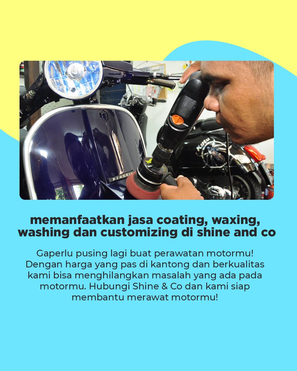 shineandco_'s tweet photo. Hi.. sobat shine and co!!👋🏽
Sedikit tips nih buat kalian untuk merawat body motor🛵
Biar motormu tetap kinclong dan terawat.
#shinewithus https://t.co/7jz4Po5awy