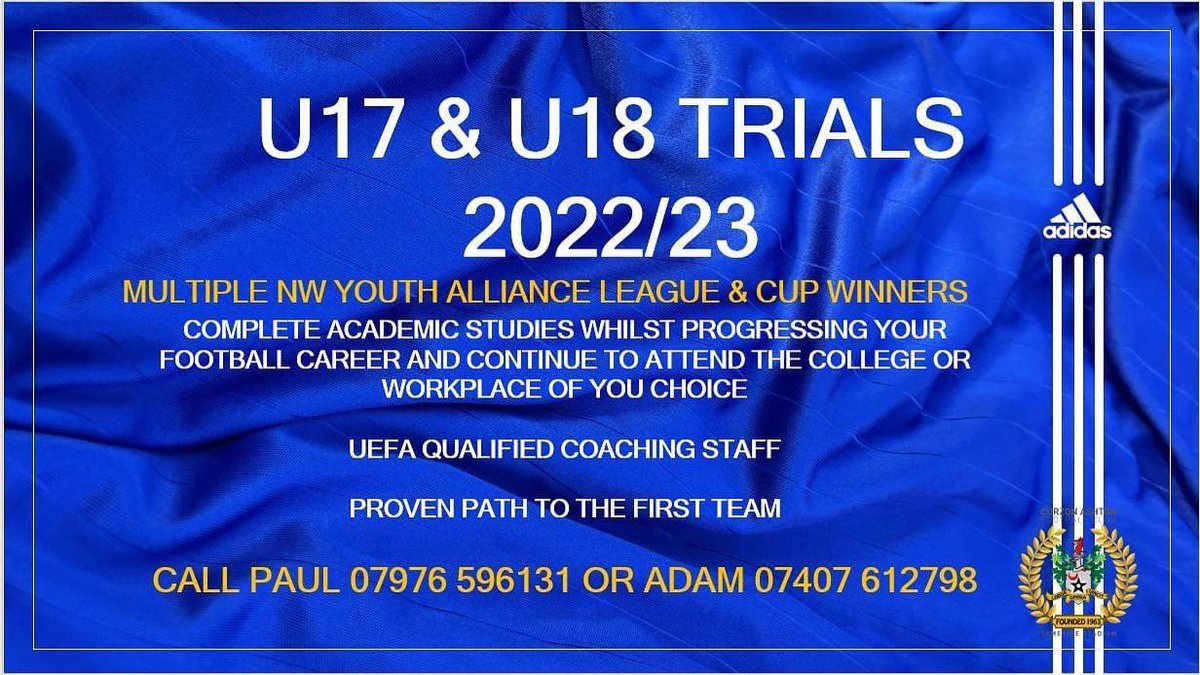 Curzon Ashton are looking to add a number of players to the team for the next season. Play in the <a href="/NORTHWESTYOUTH2/">NORTH WEST YOUTH ALLIANCE</a>.
Message for info or use the contacts below⚽️

Shares appreciated👍🏼