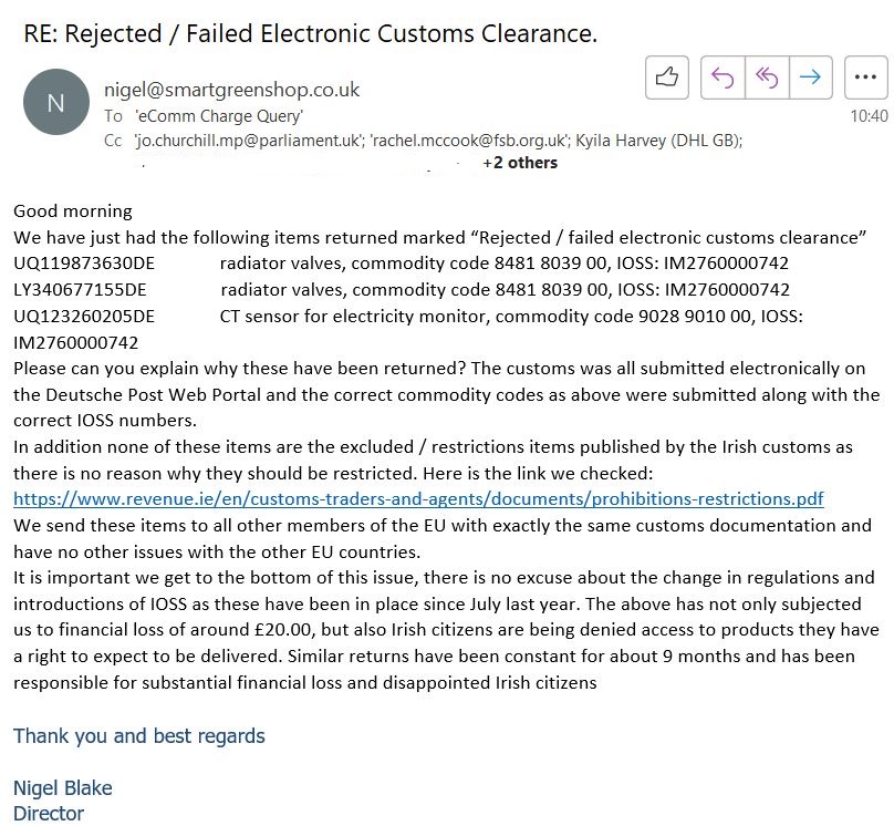 SmartGreenShop's tweet photo. @PaulOBrienMA Tell me about it, we have had around 30 packages returned marked "failed electronic customs clearance". We have sent the attached email to ANpost and copied to our MP in the UK https://t.co/Xh5DvKIaZj
