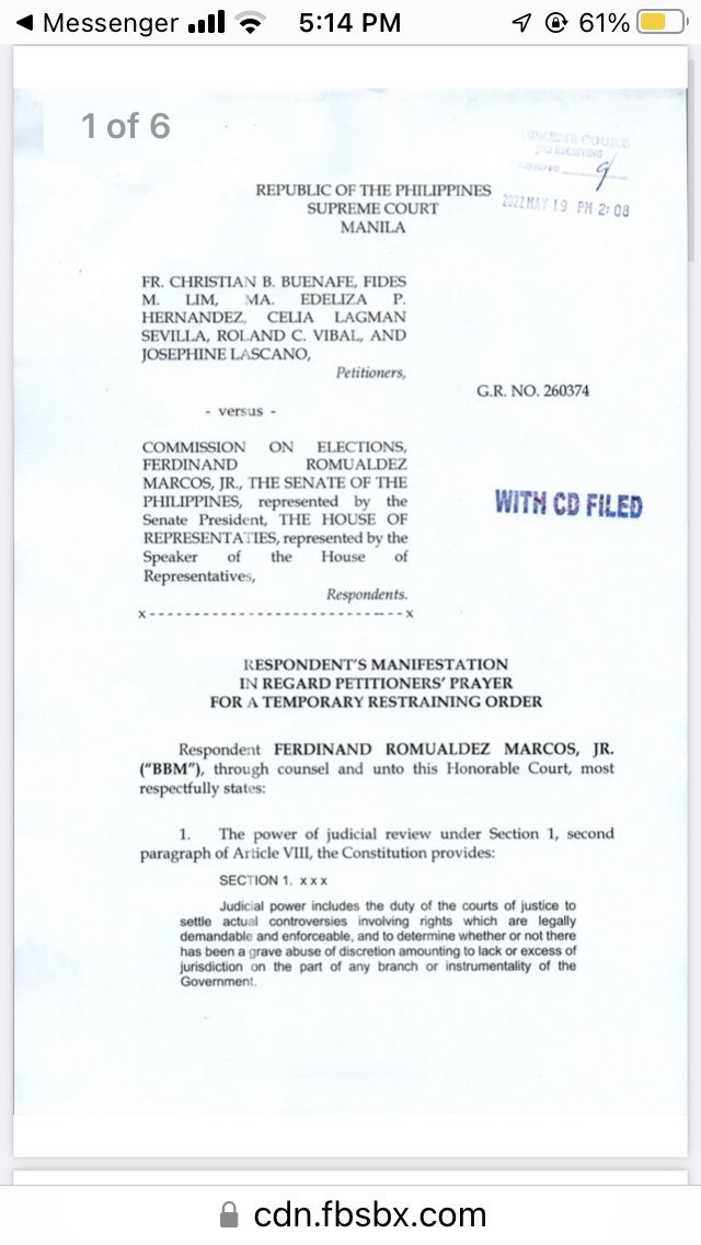 edupunay's tweet photo. READ: Presumptive president Bongbong Marcos, thru lawyer Estelito Mendoza, tells SC it cannot prevent Congress from performing its constitutional duty of canvassing votes, proclaiming winners in presidential election as sought by DQ petitioners @PhilippineStar https://t.co/a0P8MZ4Xv7