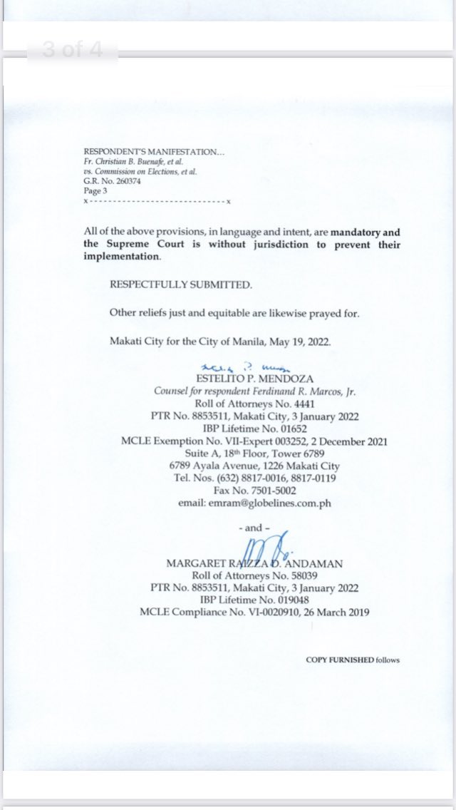 edupunay's tweet photo. READ: Presumptive president Bongbong Marcos, thru lawyer Estelito Mendoza, tells SC it cannot prevent Congress from performing its constitutional duty of canvassing votes, proclaiming winners in presidential election as sought by DQ petitioners @PhilippineStar https://t.co/a0P8MZ4Xv7