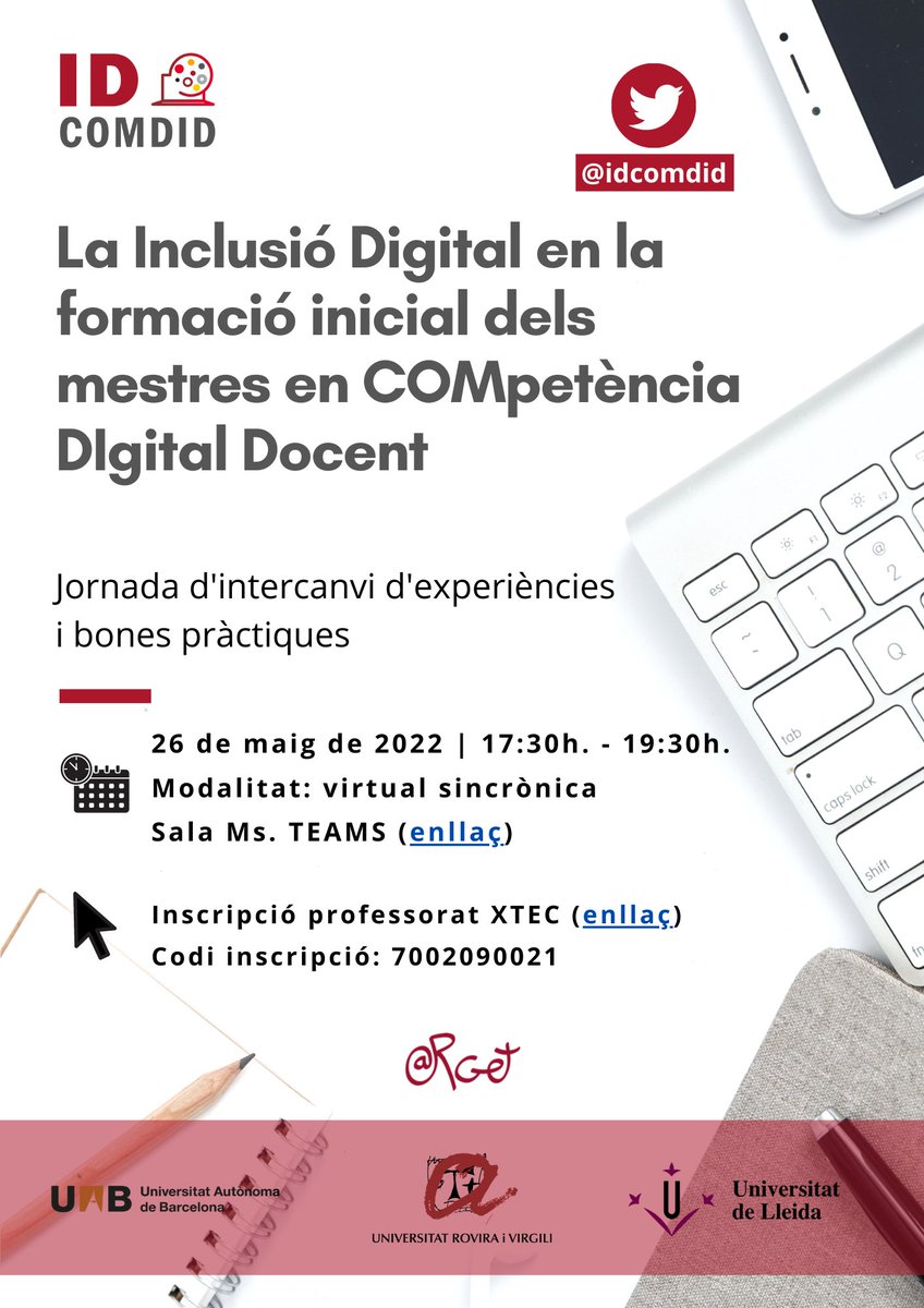 idcomdid's tweet image. El 26 de maig a la tarda ens trobem a la Jornada d'Intercanvi d'experiències i bones pràctiques del projecte @idcomdid 
Us esperem (telemàticament)!
⬇️Enllaç a la sala de TEAMS i a la inscripció
@universitatURV @UdL_info @UABBarcelona 
@ProgramaMIF  
@argeturv