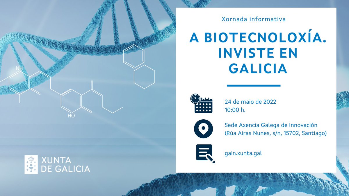 axenciaGAIN's tweet photo. 🗓️Apúntate á xornada A BIOTECNOLOXÍA. INVISTE EN GALICIA
👉Coñece as oportunidades de investir e innovar en Galicia no sector da #biotecnoloxía, as posibilidades do polo Sionlla Biotech e a nova liña de apoio #ConsolidaBio
📆 24/05
⏰ 10:00h
https://t.co/cDLWbriYIN https://t.co/869dNihRbe