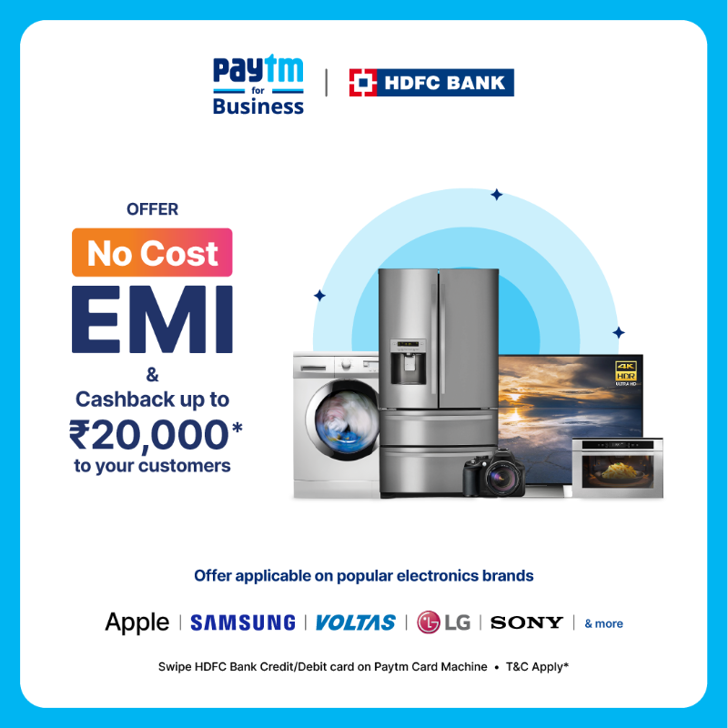 PaytmBusiness's tweet photo. This summer season, offer No Cost EMI on popular electronics, laptops and mobile brands to your customers. Allow them to #PayInParts and earn exciting cashback. 🙌
Applicable on HDFC Bank Debit/Credit Cards swiped on Paytm Card Machines.
#NoCostEMI #PaytmforBusiness https://t.co/rXsnZgHH5X