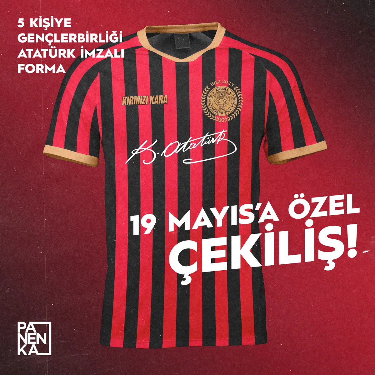 #19Mayıs'a özel, bu tweeti RT yapıp bizi takip eden 5 kişiye Ulu Önder Mustafa Kemal Atatürk imzalı Gençlerbirliği forması hediye ediyoruz.