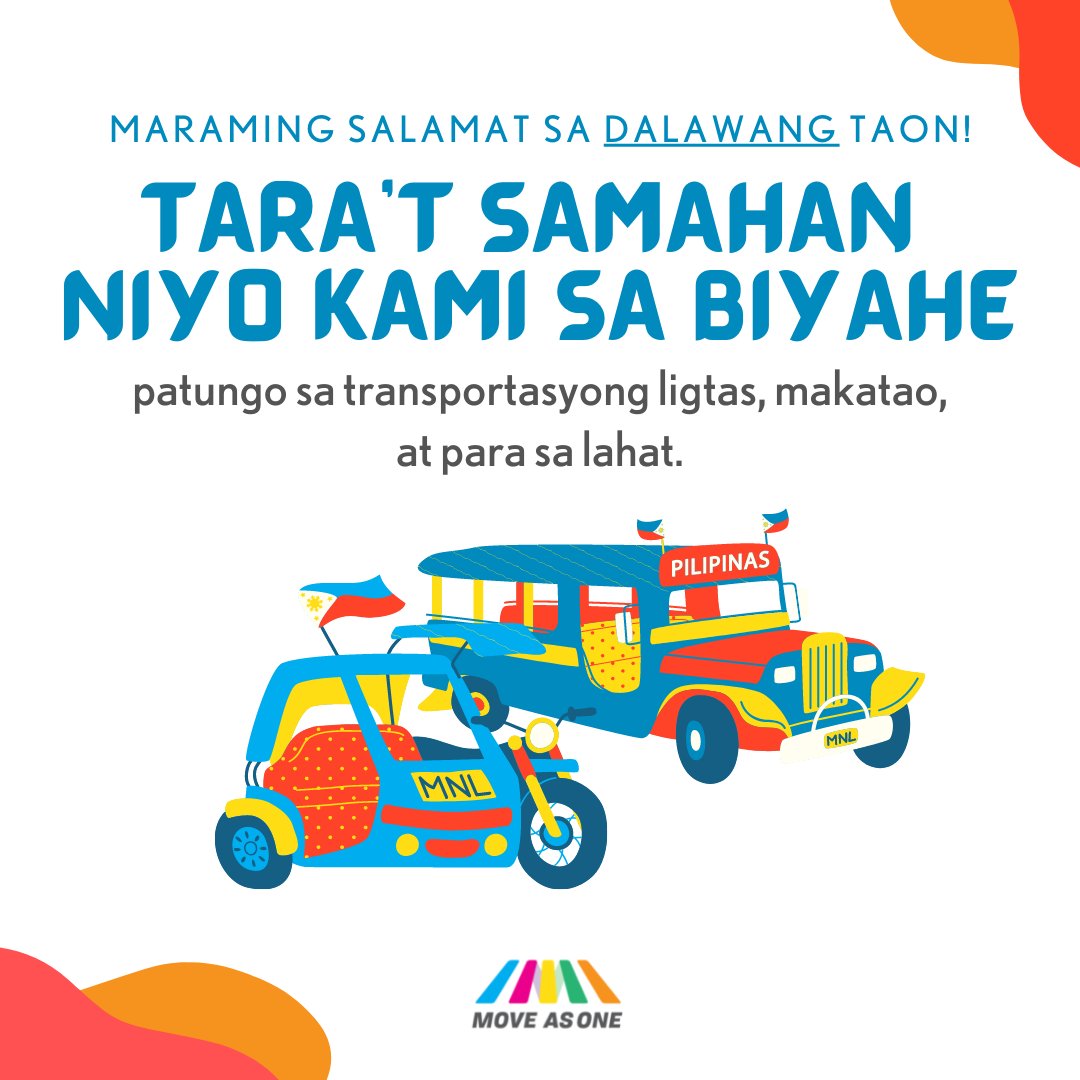 Maraming Salamat sa 2 Taon!!!
This month celebrates the 2 Years since Move as One's Birth and we've come a long way since then.
 
We will not give up, and we will continue to soldier on for a Philippines where we can all get to point B with dignity. 

Tuloy pa tayo mga ka-biyahe!