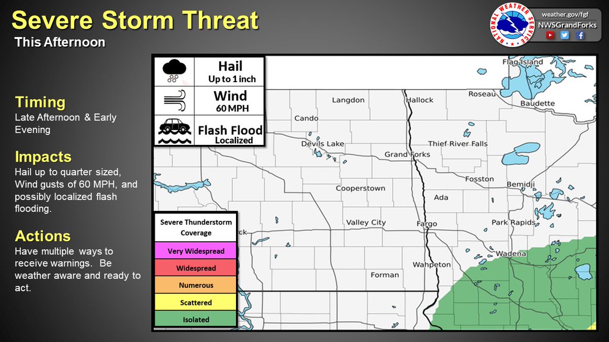 This afternoon, there is a threat for strong to severe storms in Minnesota Lakes country. Hail up to 1 inch, 60 MPH gusts, and localized flash flooding are all possible. Make sure you have multiple ways to receive warnings and stay weather aware! #NDwx #MNwx https://t.co/9EJPaF5sDI